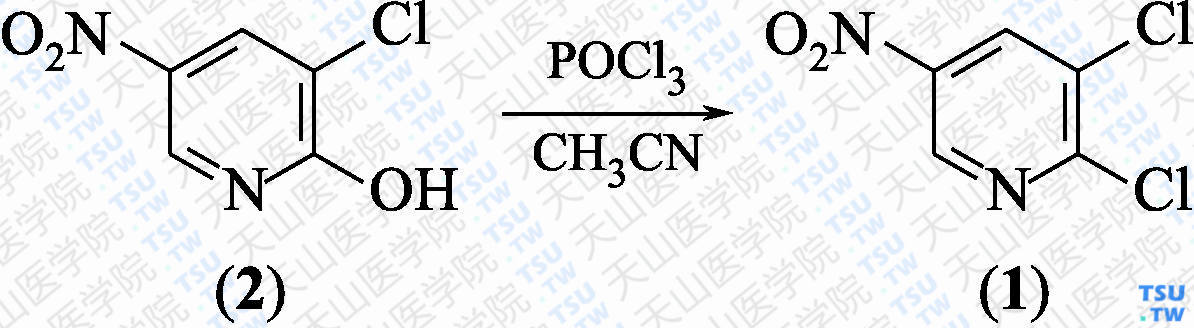 2，3-二氯-5-硝基吡啶（分子式：C<sub>5</sub>H<sub>2</sub>Cl<sub>2</sub>N<sub>2</sub>O<sub>2</sub>）的合成方法路线及其结构式