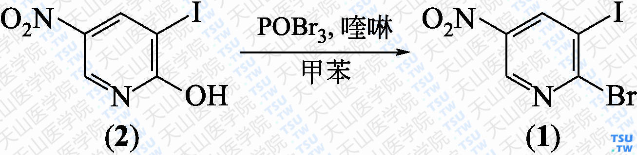 2-溴-3-碘-5-硝基吡啶（分子式：C<sub>5</sub>H<sub>2</sub>BrIN<sub>2</sub>O<sub>2</sub>）的合成方法路线及其结构式