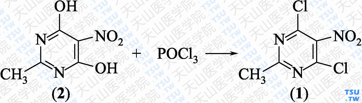 2-甲基-4，6-二氯-5-硝基嘧啶（分子式：C<sub>5</sub>H<sub>3</sub>Cl<sub>2</sub>N<sub>3</sub>O<sub>2</sub>）的合成方法路线及其结构式