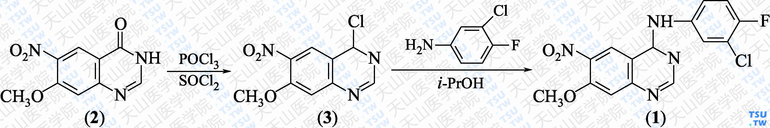 7-甲氧基-6-硝基-4-（3-氯-4-氟苯氨基）-喹唑啉（分子式：C<sub>15</sub>H<sub>11</sub>ClFN<sub>4</sub>O<sub>3</sub>）的合成方法路线及其结构式