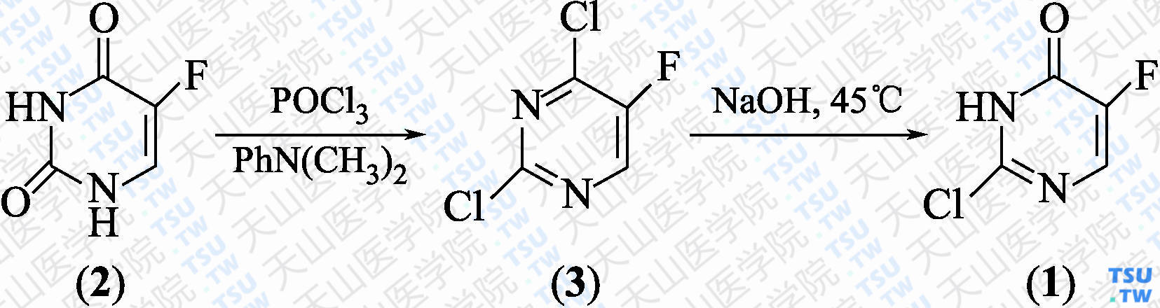 2-氯-5-氟嘧啶-4-酮（分子式：C<sub>4</sub>H<sub>2</sub>ClFN<sub>2</sub>O）的合成方法路线及其结构式