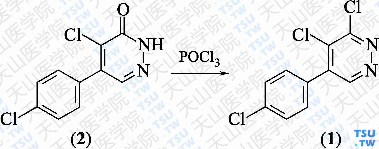 3，4-二氯-5-（4-氯苯基）哒嗪（分子式：C<sub>10</sub>H<sub>5</sub>Cl<sub>3</sub>N<sub>2</sub>）的合成方法路线及其结构式