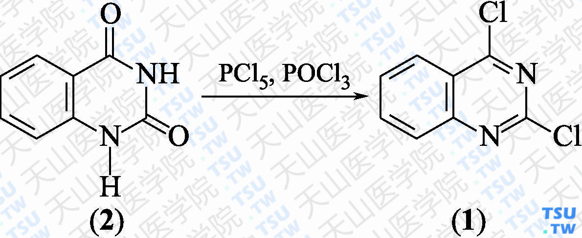 2，4-二氯喹唑啉（分子式：C<sub>8</sub>H<sub>4</sub>Cl<sub>2</sub>N<sub>2</sub>）的合成方法路线及其结构式
