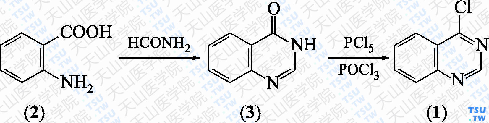 4-氯喹唑啉（分子式：C<sub>8</sub>H<sub>5</sub>ClN<sub>2</sub>）的合成方法路线及其结构式