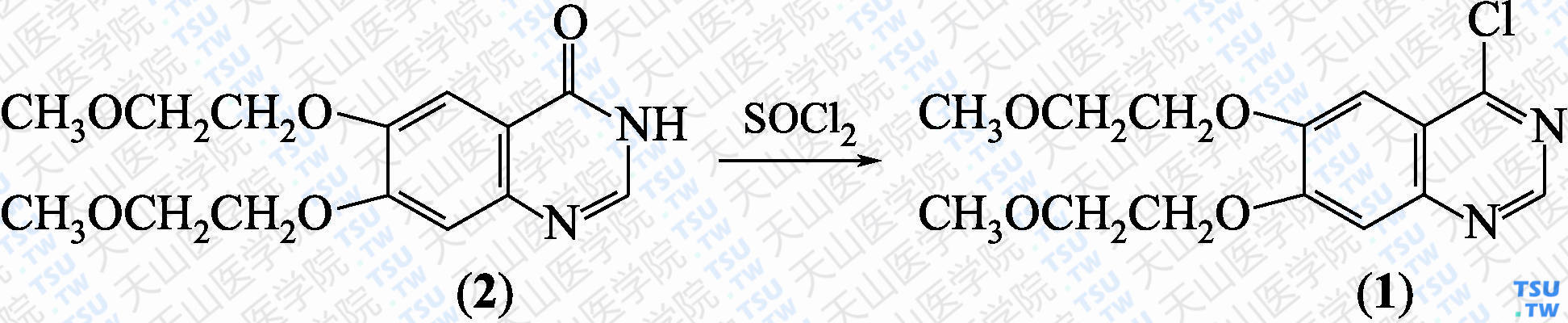 4-氯-6，7-二-（2-甲氧基乙氧基）-喹唑啉（分子式：C<sub>14</sub>H<sub>17</sub>ClN<sub>2</sub>O<sub>4</sub>）的合成方法路线及其结构式