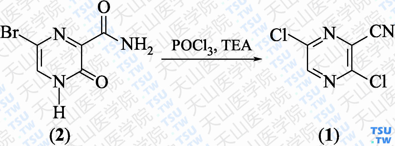 3，6-二氯吡嗪-2-甲腈（分子式：C<sub>5</sub>HCl<sub>2</sub>N<sub>3</sub>）的合成方法路线及其结构式