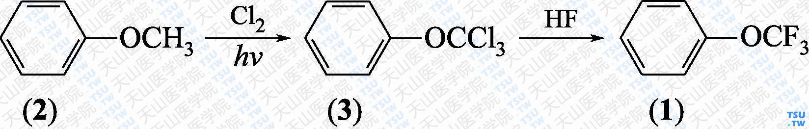 <i>α</i>，<i>α</i>，<i>α</i>-三氟甲氧基苯（分子式：C<sub>7</sub>H<sub>5</sub>F<sub>3</sub>O）的合成方法路线及其结构式