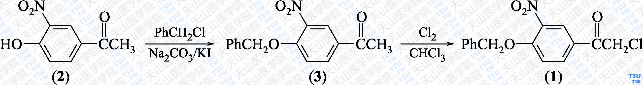 4-苄氧基-3-硝基-<i>α</i>-氯代苯乙酮（分子式：C<sub>15</sub>H<sub>12</sub>ClNO<sub>4</sub>）的合成方法路线及其结构式