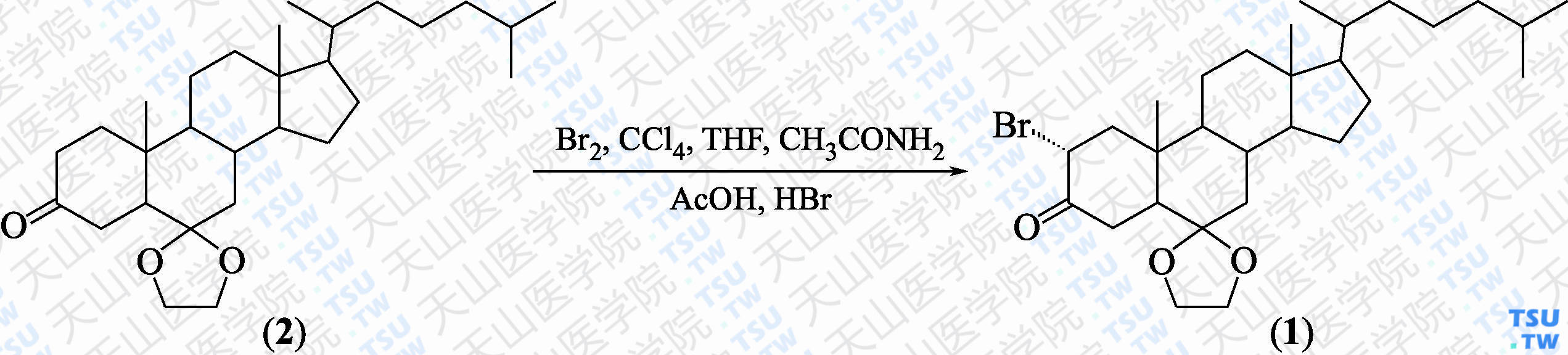2<i>α</i>-溴-6，6-亚乙二氧基胆甾烷-3-酮（分子式：C<sub>29</sub>H<sub>47</sub>BrO<sub>3</sub>）的合成方法路线及其结构式