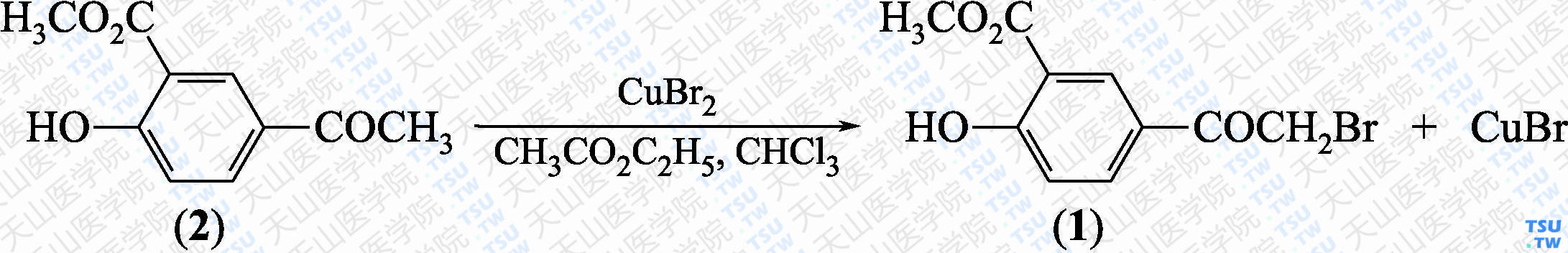 5-溴乙酰水杨酸甲酯（分子式：C<sub>10</sub>H<sub>9</sub>BrO<sub>4</sub>）的合成方法路线及其结构式