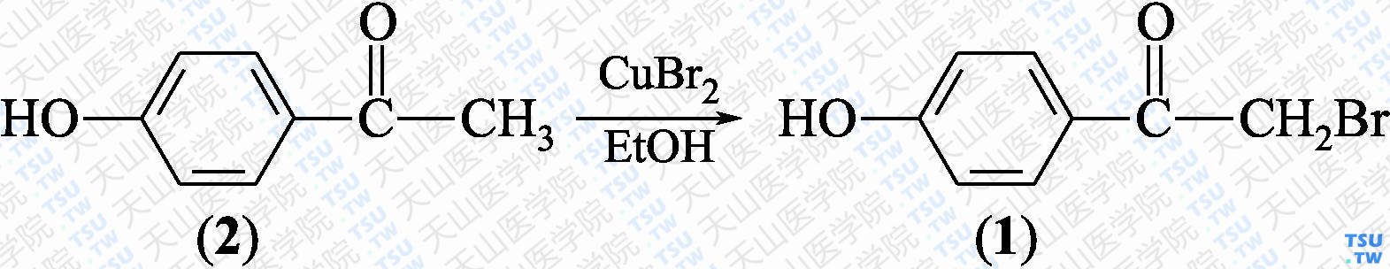 <i>α</i>-溴代对羟基苯乙酮（分子式：C<sub>8</sub>H<sub>7</sub>BrO<sub>2</sub>）的合成方法路线及其结构式