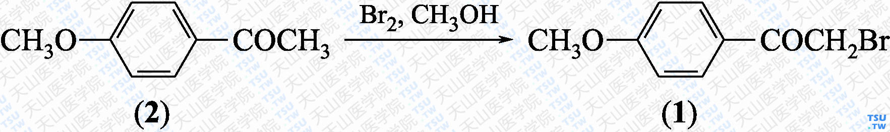 对甲氧基-<i>α</i>-溴代苯乙酮（分子式：C<sub>9</sub>H<sub>9</sub>BrO<sub>2</sub>）的合成方法路线及其结构式
