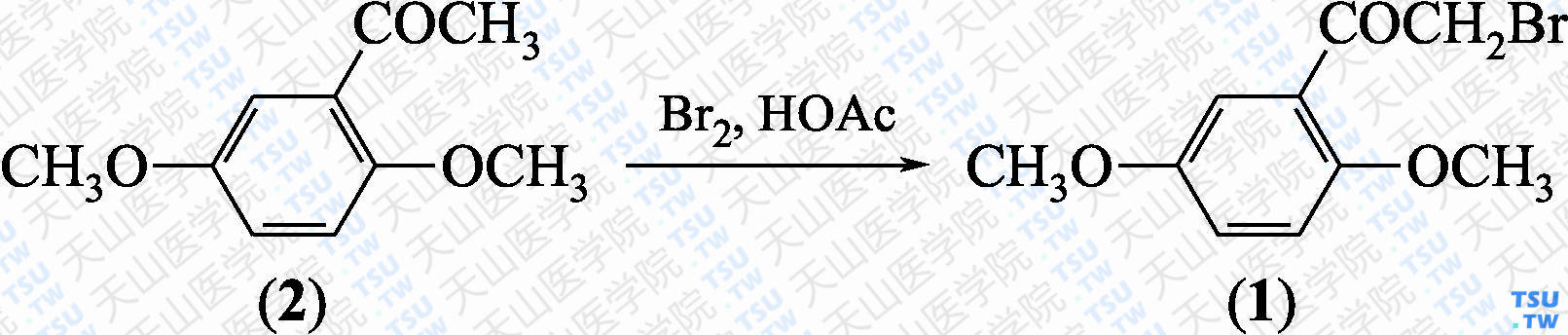 2，5-二甲氧基-<i>α</i>-溴代苯乙酮（分子式：C<sub>10</sub>H<sub>11</sub>BrO<sub>3</sub>）的合成方法路线及其结构式