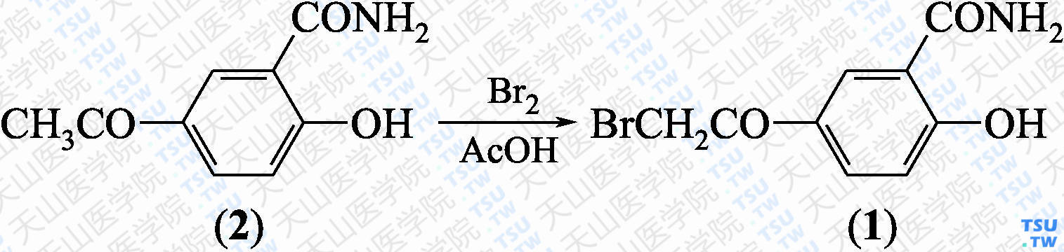 5-溴乙酰基水杨酰胺（分子式：C<sub>9</sub>H<sub>8</sub>BrNO<sub>3</sub>）的合成方法路线及其结构式