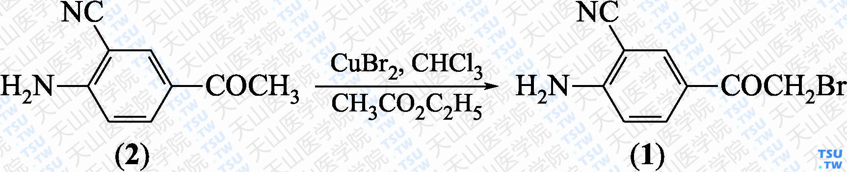 4-氨基-3-氰基-<i>α</i>-溴代苯乙酮（分子式：C<sub>9</sub>H<sub>7</sub>BrN<sub>2</sub>O）的合成方法路线及其结构式