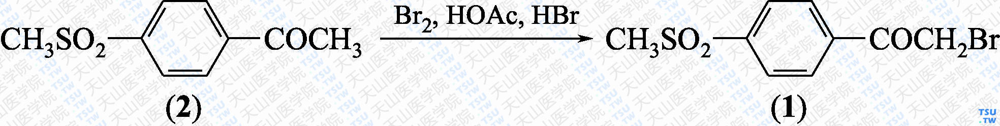 对甲磺酰基-<i>α</i>-溴代苯乙酮（分子式：C<sub>9</sub>H<sub>9</sub>BrO<sub>3</sub>S）的合成方法路线及其结构式