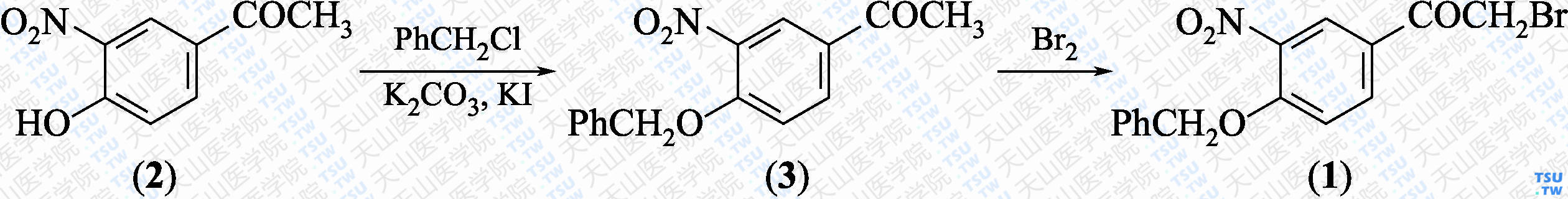 4-苄氧基-3-硝基-<i>α</i>-溴代苯乙酮（分子式：C<sub>15</sub>H<sub>12</sub>BrNO<sub>4</sub>）的合成方法路线及其结构式