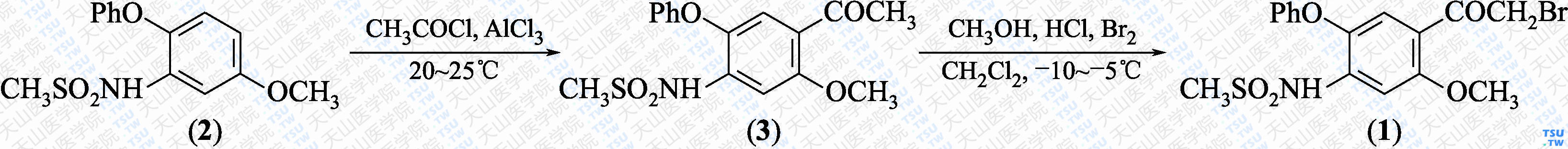 2-羟基-4-甲磺酰氨基-5-苯氧基-<i>α</i>-溴代苯乙酮（分子式：C<sub>16</sub>H<sub>16</sub>BrNO<sub>5</sub>S）的合成方法路线及其结构式