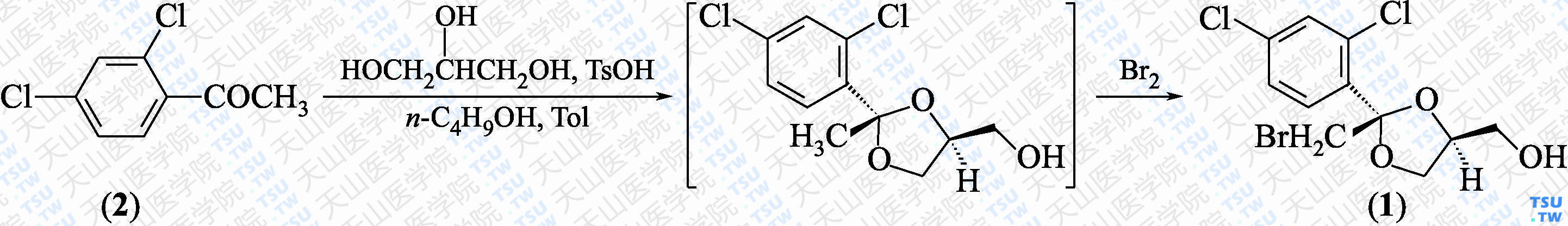 顺-和反-2-溴甲基-2-（2，4-二氯苯基）-1，3-二氧戊环-4-甲醇（分子式：C<sub>11</sub>H<sub>11</sub>BrCl<sub>2</sub>O<sub>3</sub>）的合成方法路线及其结构式