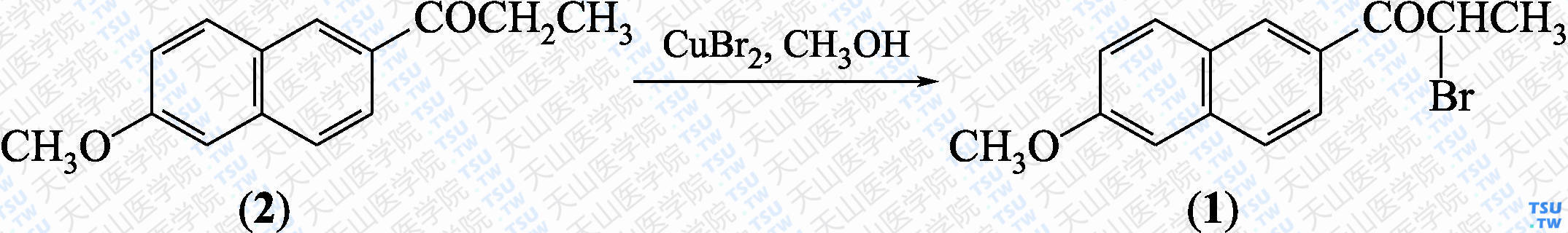 1-（6-甲氧基-2-萘基）-2-溴代丙酮-1（分子式：C<sub>14</sub>H<sub>13</sub>BrO<sub>2</sub>）的合成方法路线及其结构式