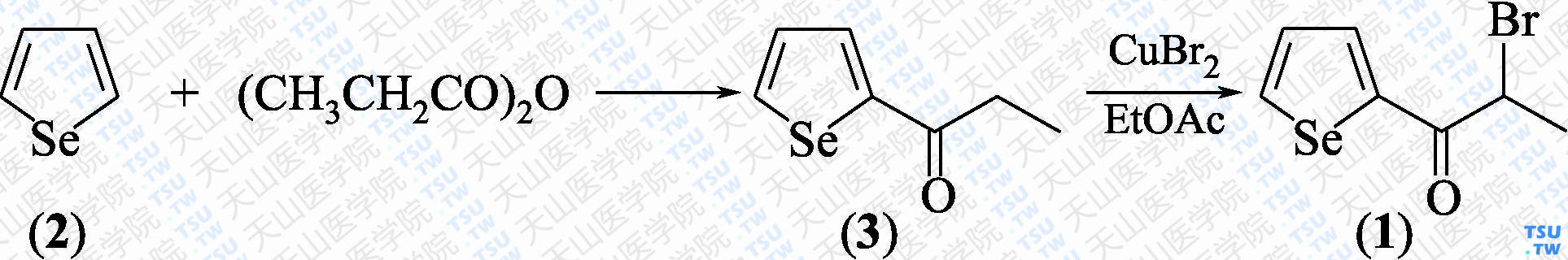 2-（<i>α</i>-溴丙酰基）硒吩（分子式：C<sub>7</sub>H<sub>7</sub>BrOSe）的合成方法路线及其结构式