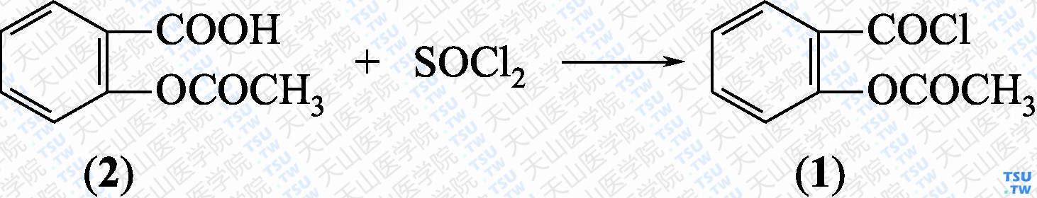 乙酰水杨酰氯（分子式：C<sub>9</sub>H<sub>7</sub>ClO<sub>3</sub>）的合成方法路线及其结构式