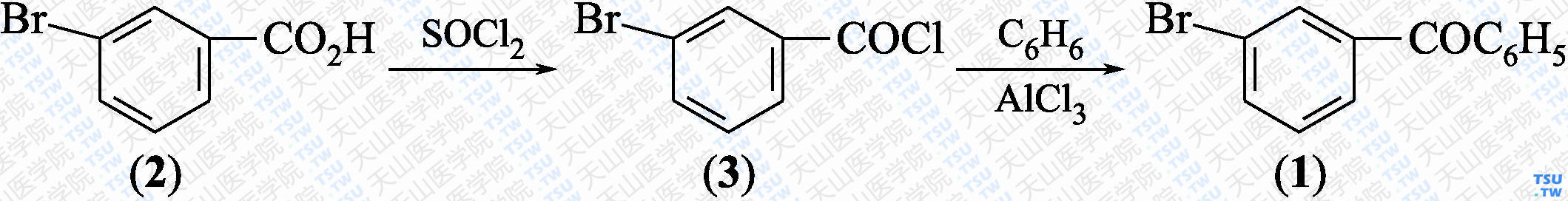 3-溴二苯酮（分子式：C<sub>13</sub>H<sub>9</sub>BrO）的合成方法路线及其结构式