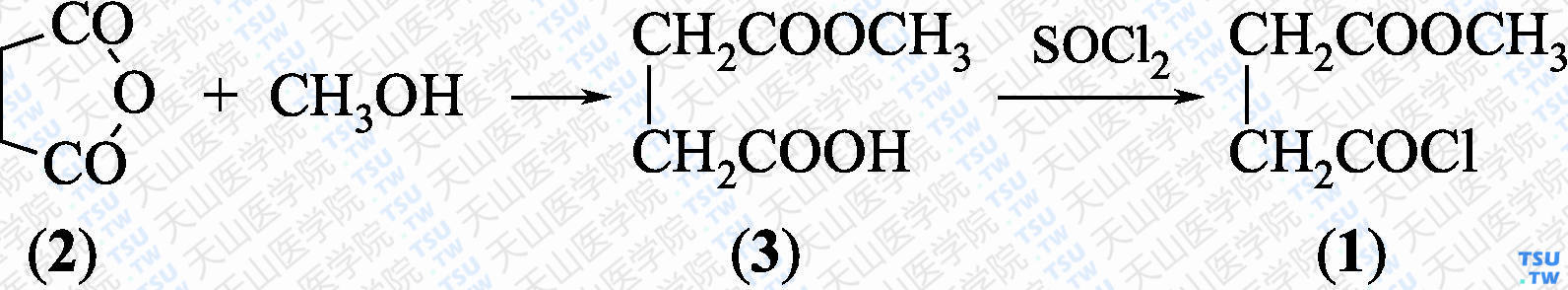 丁二酸单甲酯酰氯（分子式：C<sub>5</sub>H<sub>7</sub>ClO<sub>3</sub>）的合成方法路线及其结构式