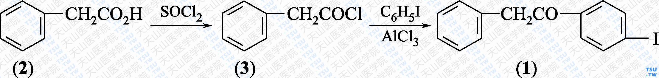 苄基对碘苯基酮（分子式：C<sub>14</sub>H<sub>11</sub>IO）的合成方法路线及其结构式