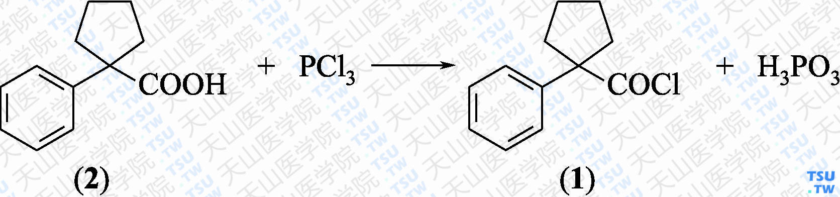 1-苯基环戊烷甲酰氯（分子式：C<sub>12</sub>H<sub>13</sub>ClO）的合成方法路线及其结构式
