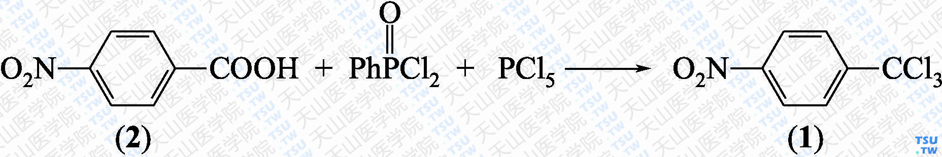 4-硝基-<i>α</i>，<i>α</i>，<i>α</i>-三氯甲基苯（分子式：C<sub>7</sub>H<sub>4</sub>Cl<sub>3</sub>NO<sub>2</sub>）的合成方法路线及其结构式