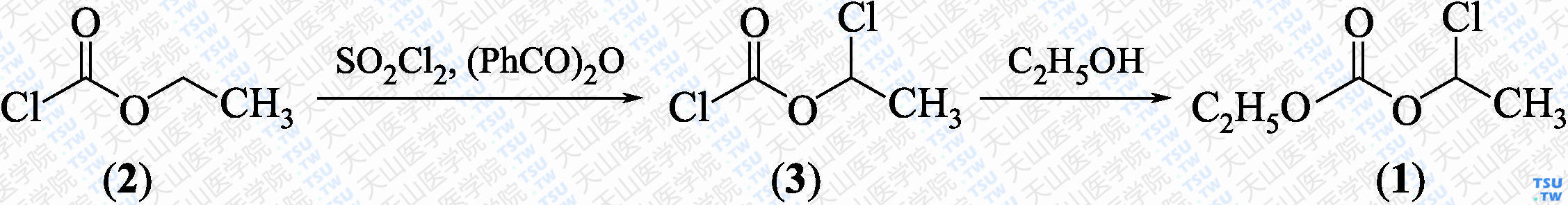 1-氯乙基碳酸乙酯（分子式：C<sub>5</sub>H<sub>9</sub>ClO<sub>3</sub>）的合成方法路线及其结构式