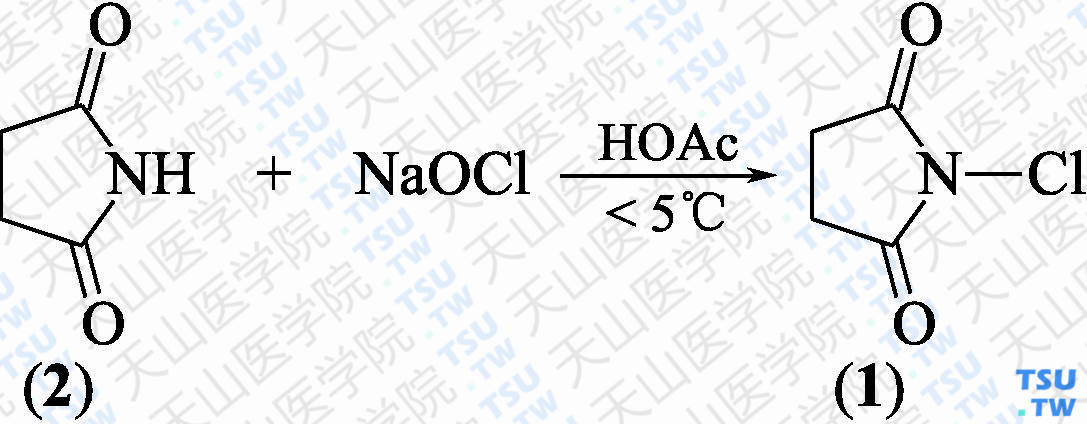 <i>N</i>-氯代丁二酰亚胺（分子式：C<sub>4</sub>H<sub>4</sub>ClNO<sub>2</sub>）的合成方法路线及其结构式