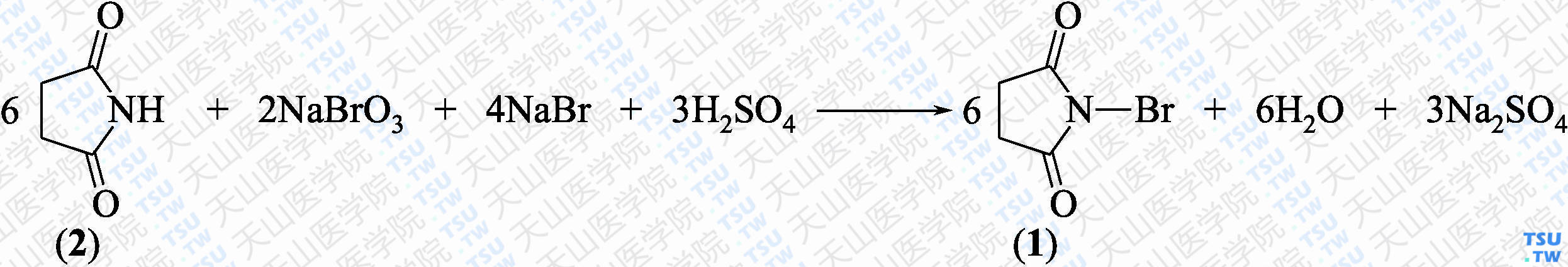 <i>N</i>-溴代丁二酰亚胺（分子式：C<sub>4</sub>H<sub>4</sub>BrNO<sub>2</sub>）的合成方法路线及其结构式