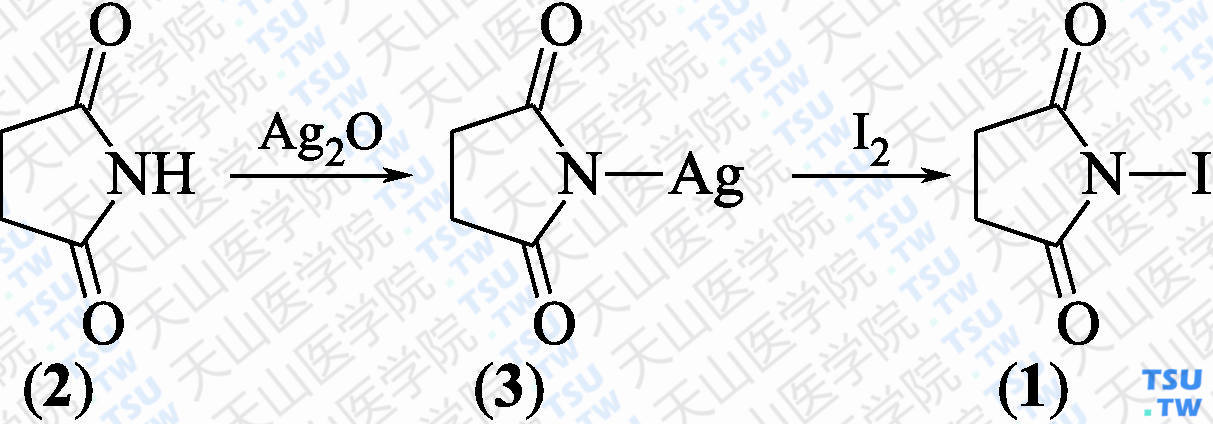 <i>N</i>-碘代丁二酰亚胺（分子式：C<sub>4</sub>H<sub>4</sub>INO<sub>2</sub>）的合成方法路线及其结构式