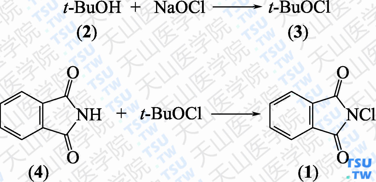 <i>N</i>-氯代邻苯二甲酰亚胺（分子式：C<sub>8</sub>H<sub>4</sub>ClNO<sub>2</sub>）的合成方法路线及其结构式