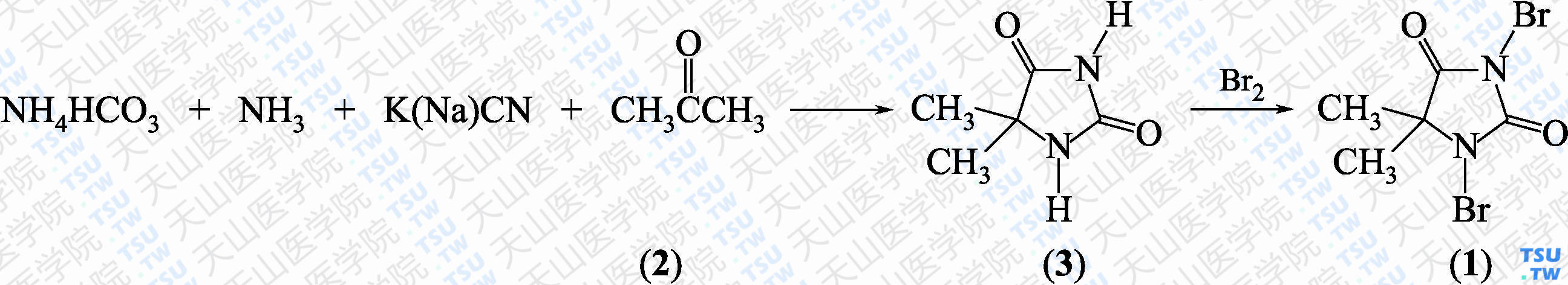 1，3-二溴-5，5-二甲基海因（分子式：C<sub>5</sub>H<sub>6</sub>Br<sub>2</sub>N<sub>2</sub>O<sub>2</sub>）的合成方法路线及其结构式
