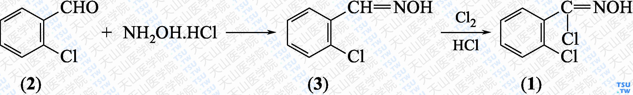 2-氯苯甲酰氯肟（分子式：C<sub>7</sub>H<sub>5</sub>C<sub>2</sub>NO）的合成方法路线及其结构式