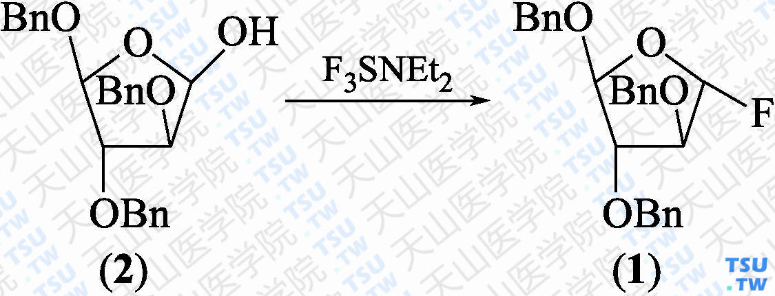 2，3，5-三-<i>O</i>-苄基-D-阿拉伯呋喃糖基氟（分子式：C<sub>25</sub>H<sub>25</sub>FO<sub>4</sub>）的合成方法路线及其结构式