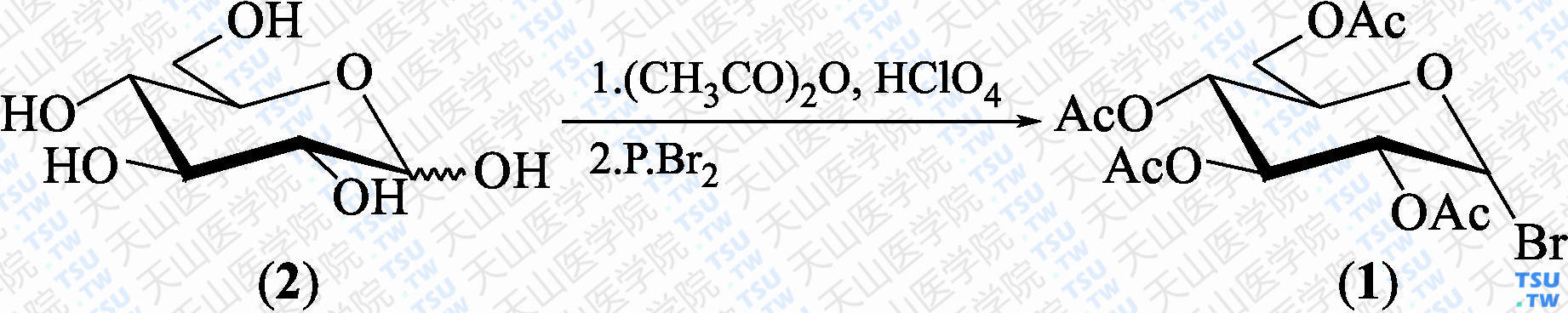 <i>α</i>-D-溴代乙酰基吡喃葡萄糖（分子式：C<sub>14</sub>H<sub>19</sub>BrO<sub>9</sub>）的合成方法路线及其结构式