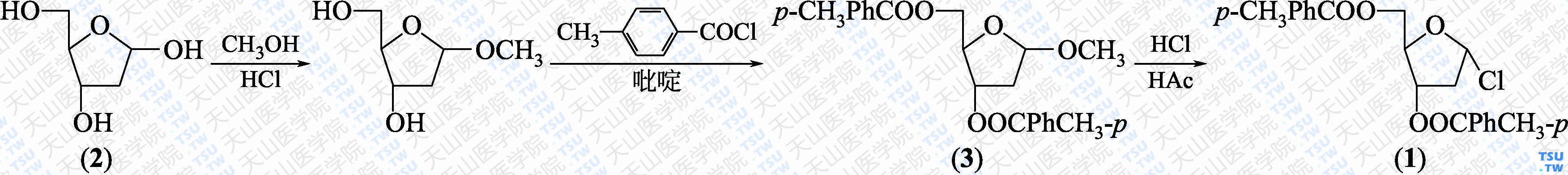 1-氯-2-脱氧-3，5-二-<i>O</i>-对甲苯甲酰基-<i>α</i>-D-呋喃核糖（分子式：C<sub>19</sub>H<sub>21</sub>ClO<sub>5</sub>）的合成方法路线及其结构式