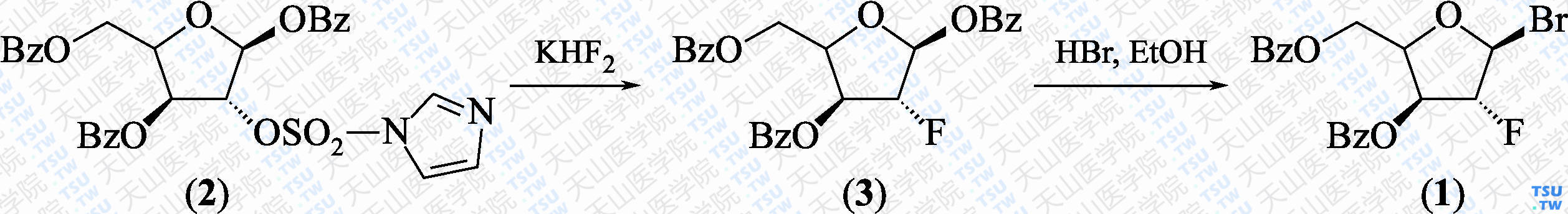 2-脱氧-2-氟-3，5-二-<i>O</i>-苯甲酰基-<i>α</i>-D-阿拉伯呋喃糖基溴（分子式：C<sub>19</sub>H<sub>16</sub>BrFO<sub>5</sub>）的合成方法路线及其结构式