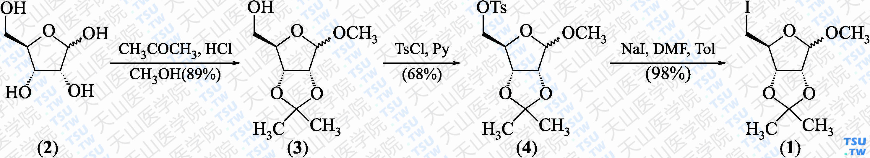 1-<i>O</i>-甲基-2，3-<i>O</i>-异亚丙基-5-脱氧-5-碘-D-呋喃核糖（分子式：C<sub>9</sub>H<sub>15</sub>IO<sub>4</sub>）的合成方法路线及其结构式