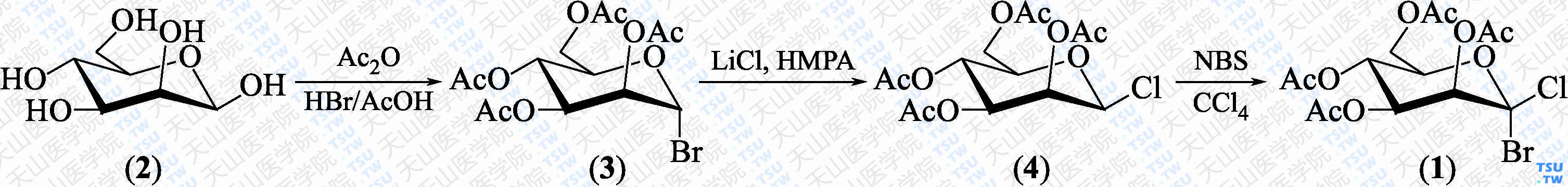 2，3，4，6-四-<i>O</i>-乙酰基-1-溴-1-氯-<i>β</i>-D-甘露糖（分子式：C<sub>14</sub>H<sub>18</sub>BrClO<sub>9</sub>）的合成方法路线及其结构式