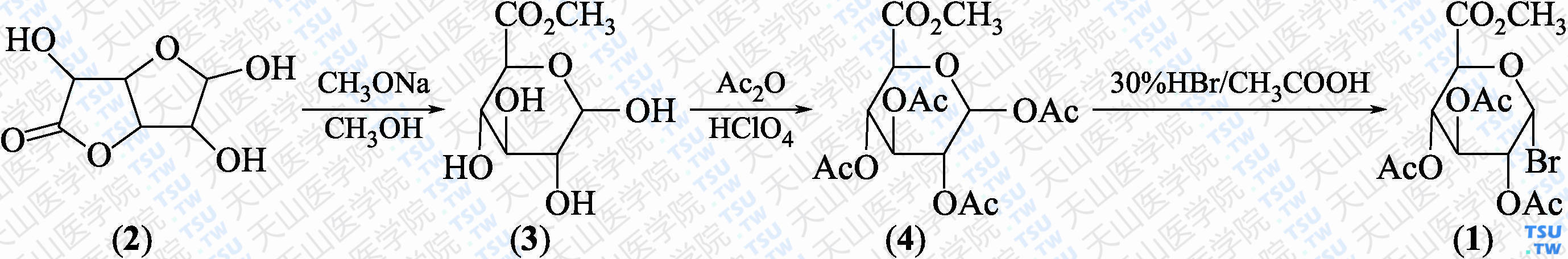 三-<i>O</i>-乙酰基-<i>α</i>-D-溴代吡喃葡萄糖醛酸甲酯（分子式：C<sub>13</sub>H<sub>17</sub>BrO<sub>9</sub>）的合成方法路线及其结构式