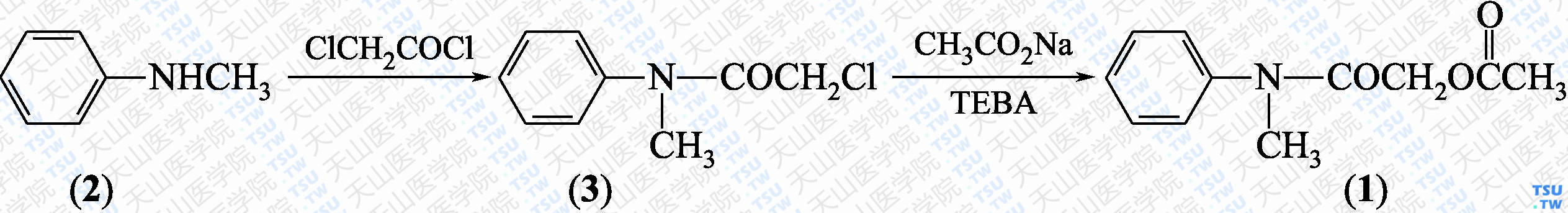 <i>N</i>-甲基-2-乙酰氧基乙酰苯胺（分子式：C<sub>10</sub>H<sub>13</sub>NO<sub>3</sub>）的合成方法路线及其结构式