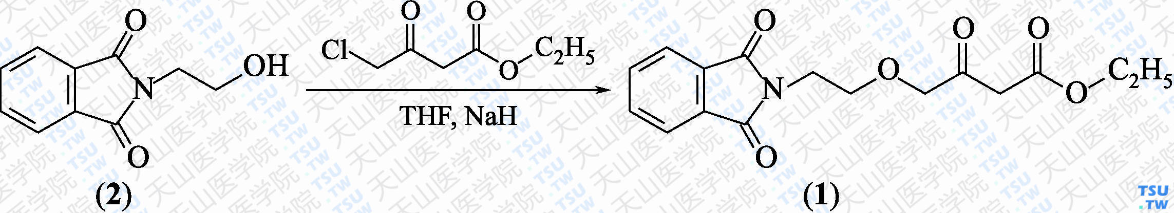 4-[（2-邻苯二甲酰亚胺）乙氧基]乙酰乙酸乙酯（分子式：C<sub>16</sub>H<sub>17</sub>NO<sub>6</sub>）的合成方法路线及其结构式