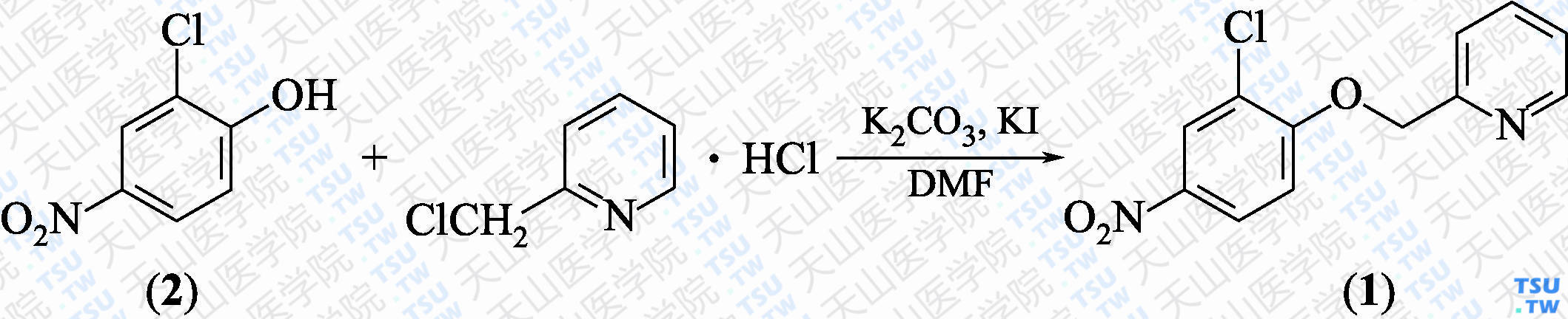 2-（2-氯-4-硝基苯氧甲基）吡啶（分子式：C<sub>12</sub>H<sub>9</sub>ClN<sub>2</sub>O<sub>3</sub>）的合成方法路线及其结构式