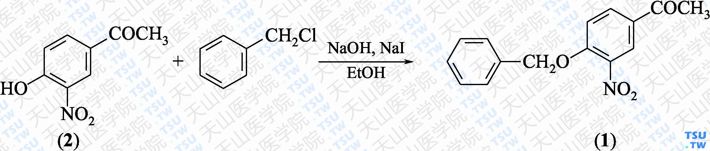 4-苯甲氧基-3-硝基苯乙酮（分子式：C<sub>15</sub>H<sub>13</sub>NO<sub>4</sub>）的合成方法路线及其结构式