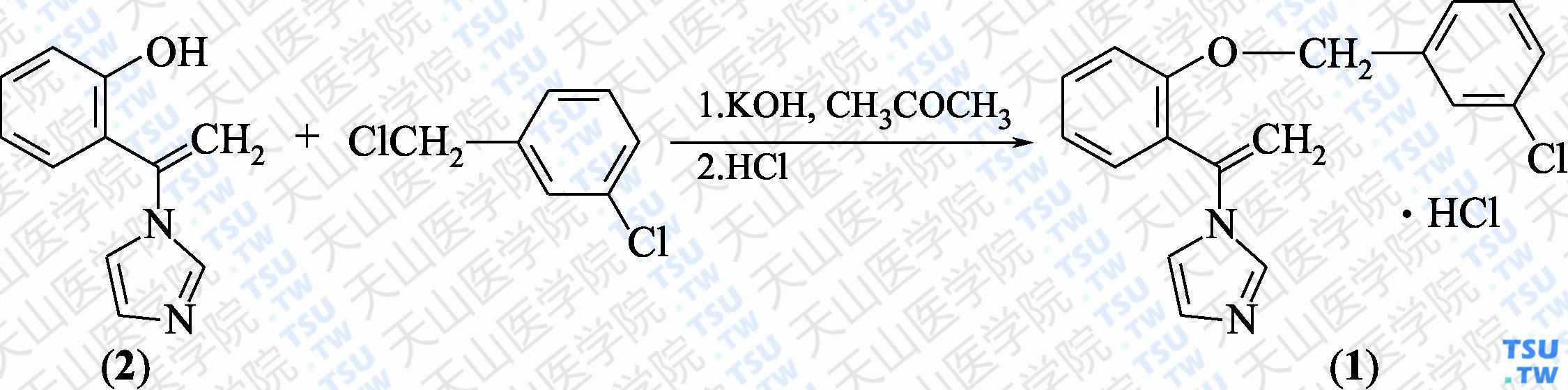 盐酸氯康唑（分子式：C<sub>18</sub>H<sub>15</sub>ClN<sub>2</sub>O·HCl）的合成方法路线及其结构式